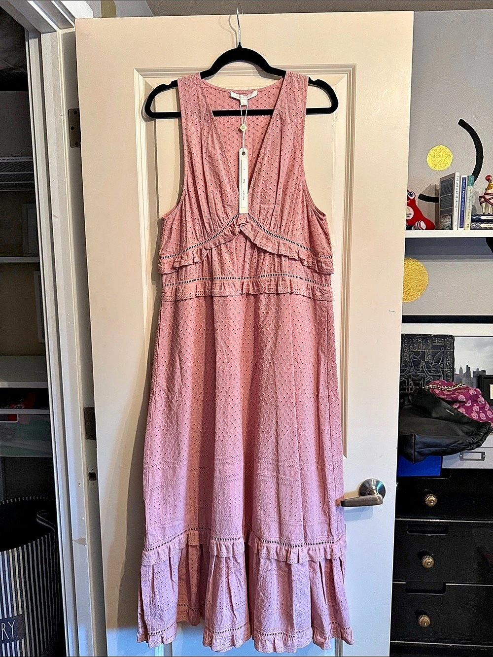 NWTS - Jonathan Simkhai - Eyelet Ruffle Maxi Dress in Pink - Size Large